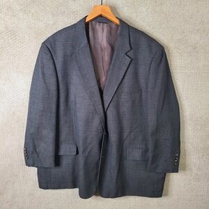 Oak Hill Jacket Mens 58R Gray Blue Plaid Two Button Sport Coat Poly Blend